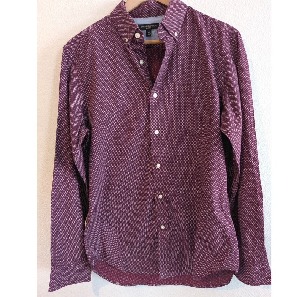 Banana Republic Slim Fit Shirt Mens M Burgundy Micro Dot Cotton Button